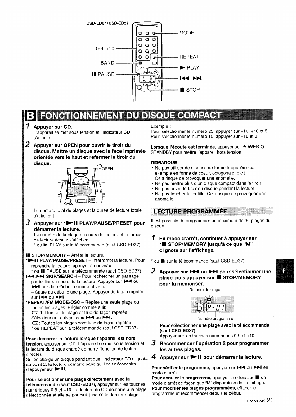 Fonctionnement du disque compaq, Remarque, Lecture programmée | I fonctionnement du disque compaq, B'! p - 0 1 | Aiwa CSD-ED 57 User Manual | Page 21 / 28