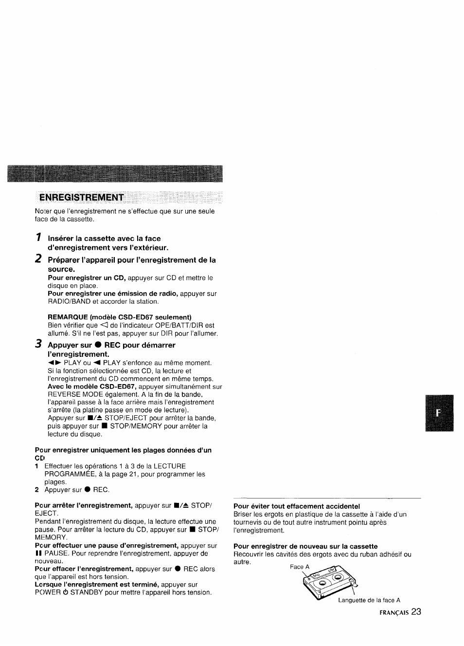 Enregistrement, Remarque (modèle csd-ed67 seulement), 3 appuyer sur • rec pour démarrer l’enregistrement | Aiwa CSD-ED 57 User Manual | Page 23 / 28