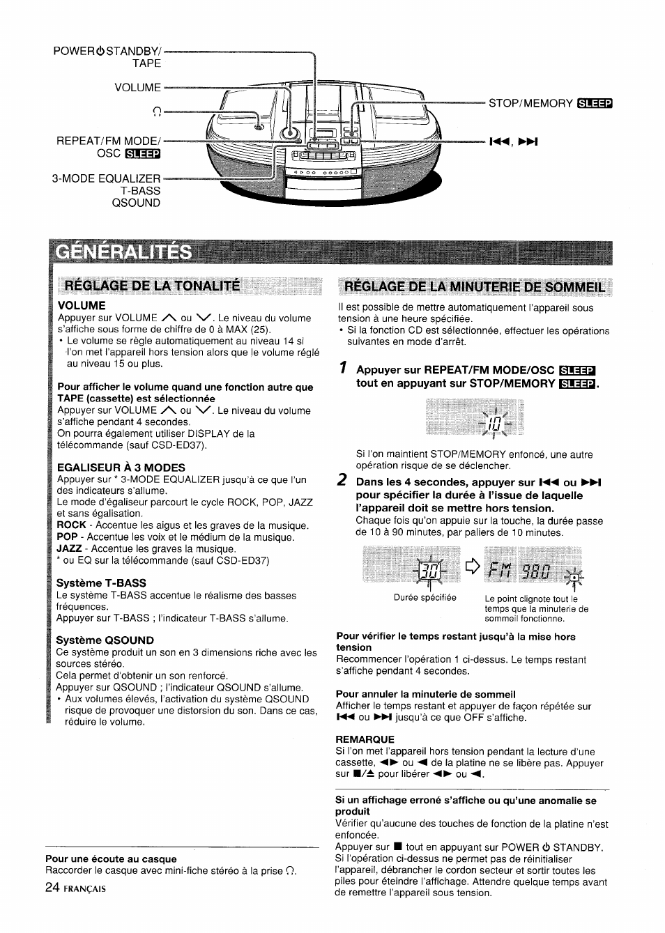 Réglage de la tonalité, Volume, Egaliseur à 3 modes | Système t-bass, Pour une écoute au casque, Reglage de la minuterie de sommeil, Pour annuler la minuterie de sommeil, Remarque | Aiwa CSD-ED 57 User Manual | Page 24 / 28