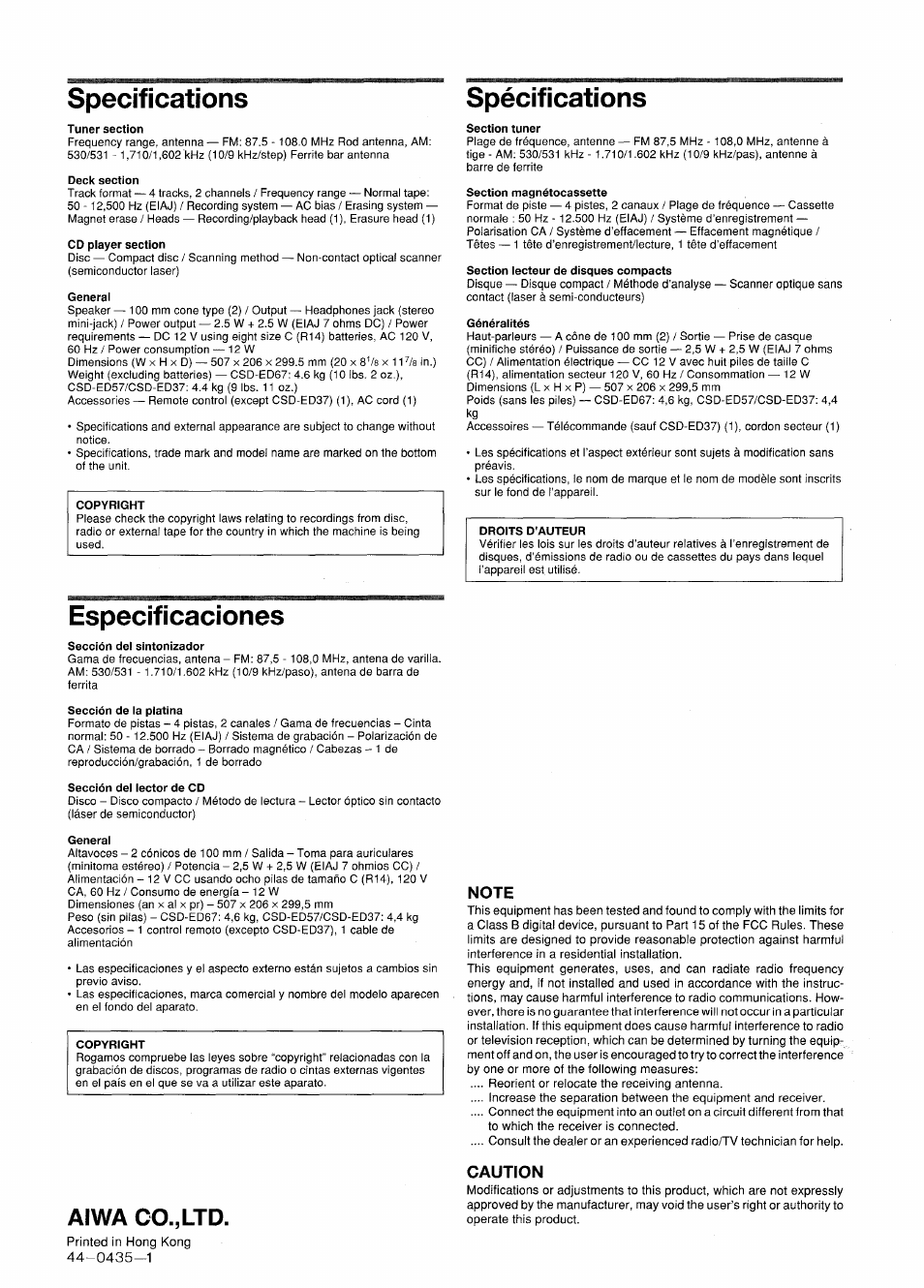 Especificaciones, Specifications, Spécifications | Aiwa co.,ltd, Caution | Aiwa CSD-ED 57 User Manual | Page 28 / 28