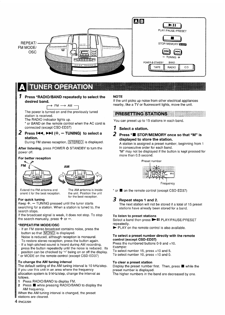 2 press (+, - tuning) to select a, Station, For better reception | Note, Presetting stations, 7 select a station, For quick tuning, Repeat/fm mode/osc, 3 repeat steps 1 and 2, To listen to preset stations | Aiwa CSD-ED 57 User Manual | Page 4 / 28