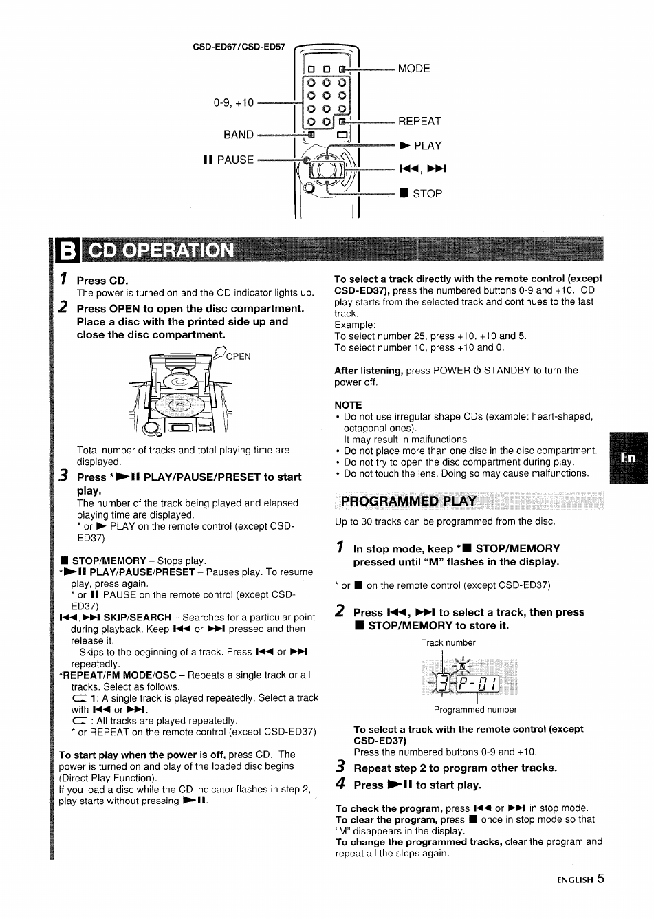 Bi cd operation, Note, Programmed play | Aiwa CSD-ED 57 User Manual | Page 5 / 28