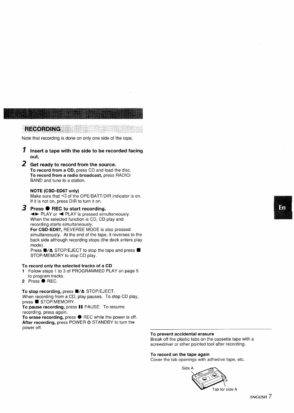 Recording, 2 get ready to record from the source, Note (csd-ed67 only) | 3 press # rec to start recording, To record only the selected tracks of a cd, To record on the tape again | Aiwa CSD-ED 57 User Manual | Page 7 / 28