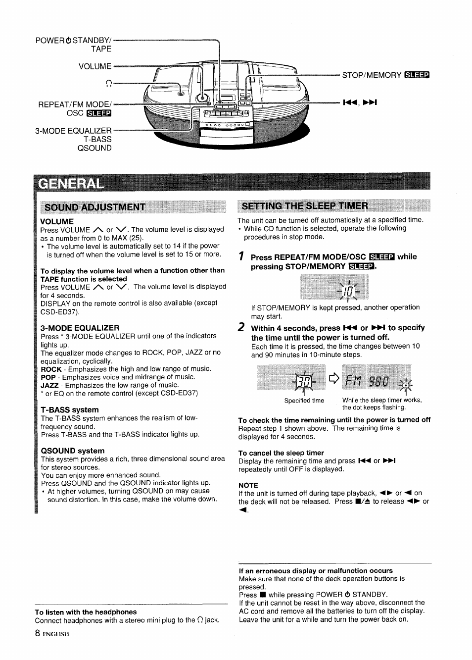 Sound adjustment, Setting the sleep timer, Press repeat/fm mode/osc pressing stop/memory вши | To cancel the sleep timer, Note, To listen with the headphones, If an erroneous display or malfunction occurs | Aiwa CSD-ED 57 User Manual | Page 8 / 28