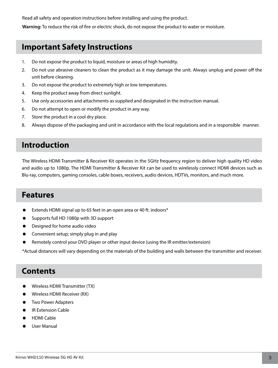 Kinivo WHD110 Wireless 5G HDMI Transmitter and Receiver System User Manual | Page 3 / 10