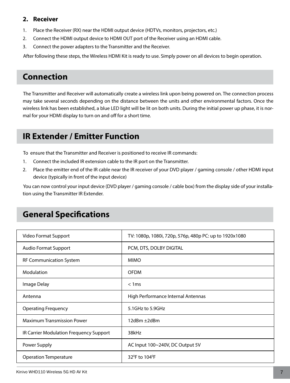 Receiver, Connection, Ir extender / emitter function | General specifications | Kinivo WHD110 Wireless 5G HDMI Transmitter and Receiver System User Manual | Page 7 / 10