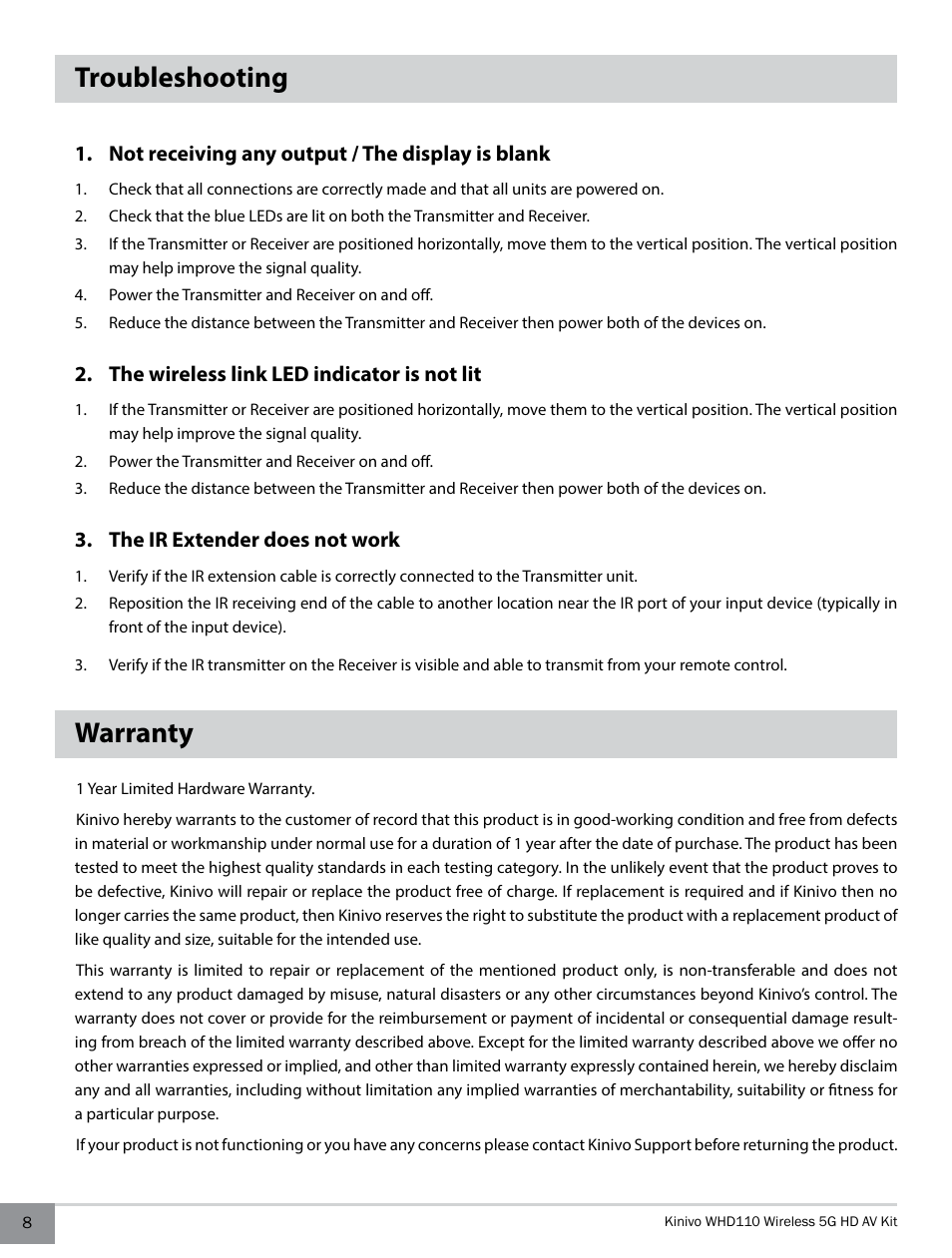 Troubleshooting, Not receiving any output / the display is blank, The wireless link led indicator is not lit | The ir extender does not work, Warranty | Kinivo WHD110 Wireless 5G HDMI Transmitter and Receiver System User Manual | Page 8 / 10