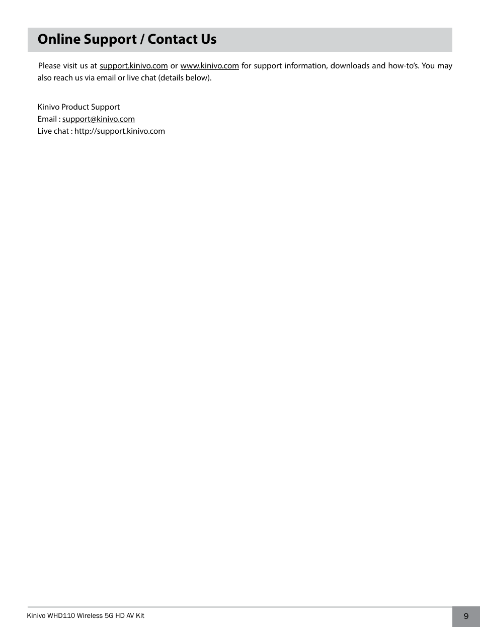 Online support / contact us | Kinivo WHD110 Wireless 5G HDMI Transmitter and Receiver System User Manual | Page 9 / 10