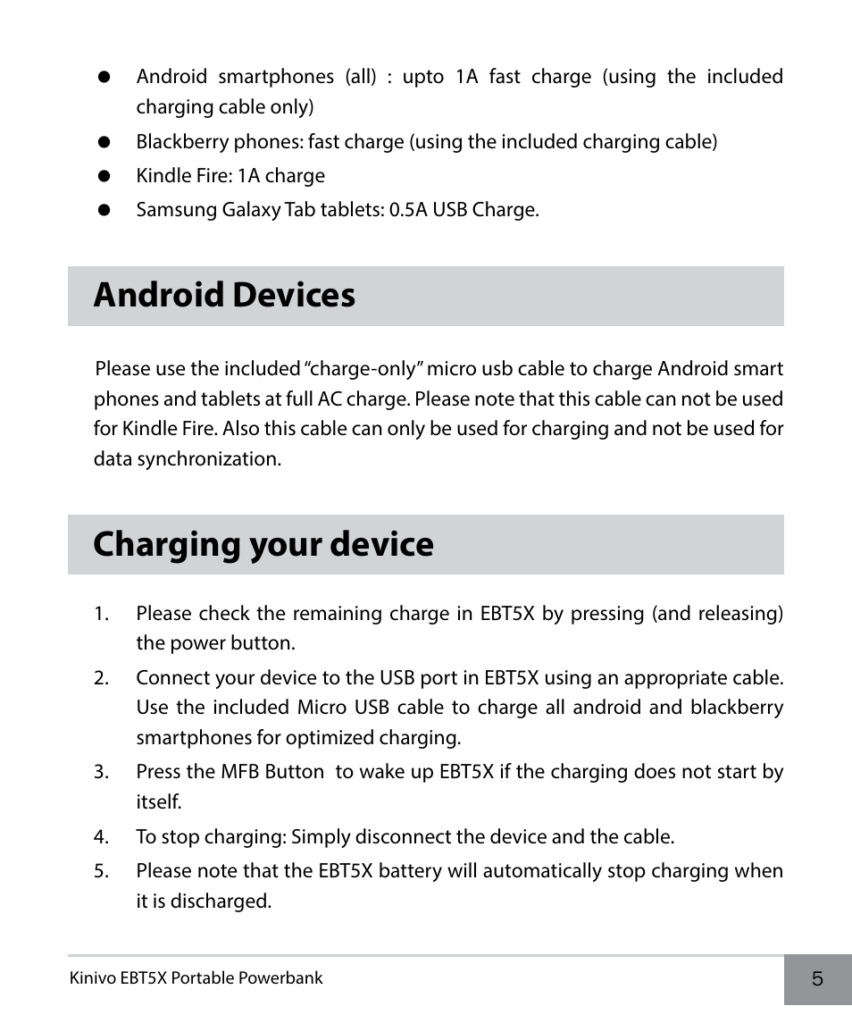 Android devices, Charging your device | Kinivo EBT5X Portable Powerbank EN User Manual | Page 5 / 10