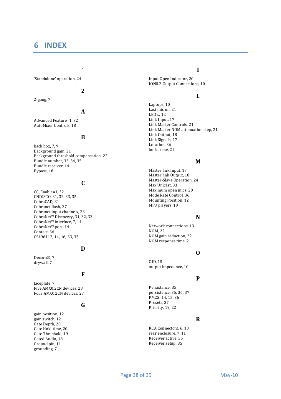 6 index | Media Technology Systems AMX 0.2 User Manual | Page 38 / 39