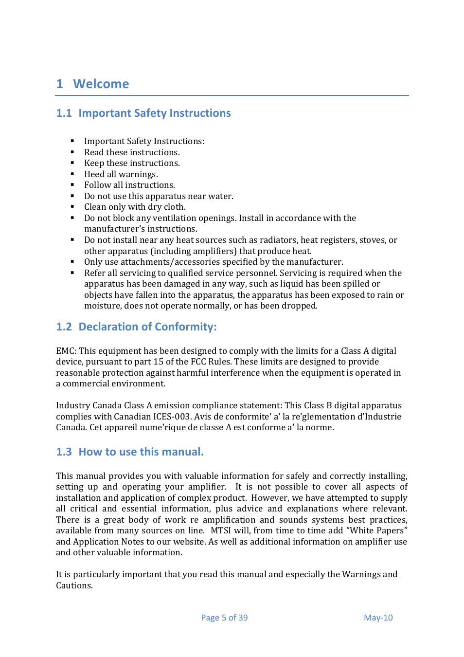 1 welcome, 1 important&safety&instructions, 2 declaration&of&conformity | 3 how&to&use&this&manual | Media Technology Systems AMX 0.2 User Manual | Page 5 / 39