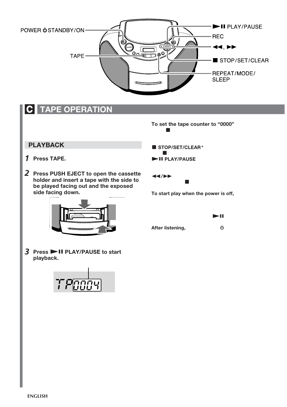 Tape operation, Playback | Aiwa CSD-TD55 User Manual | Page 10 / 36