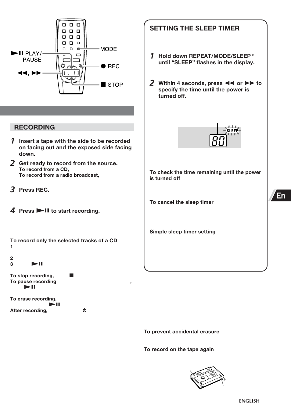 Recording, Setting the sleep timer | Aiwa CSD-TD55 User Manual | Page 11 / 36