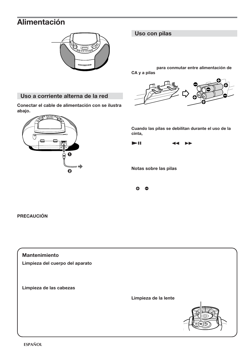 Alimentación, Uso a corriente alterna de la red, Uso con pilas | Aiwa CSD-TD55 User Manual | Page 14 / 36