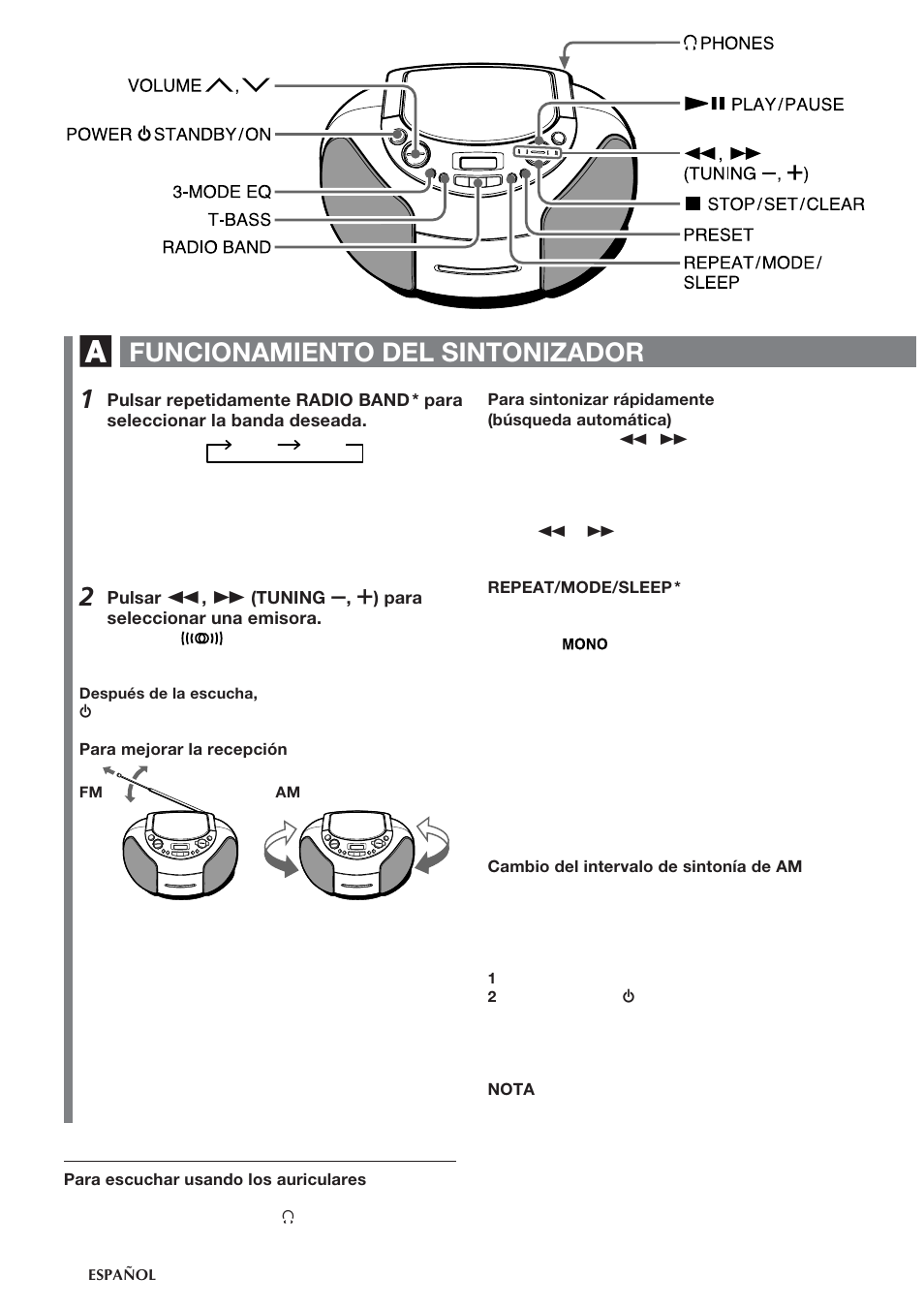 Funcionamiento del sintonizador | Aiwa CSD-TD55 User Manual | Page 16 / 36