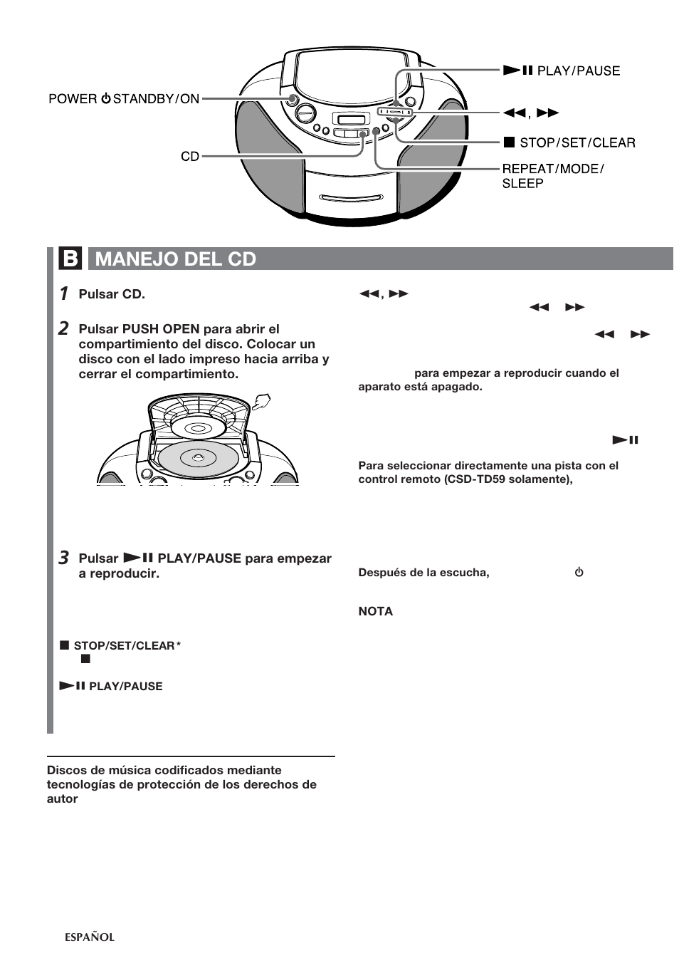 Manejo del cd | Aiwa CSD-TD55 User Manual | Page 18 / 36