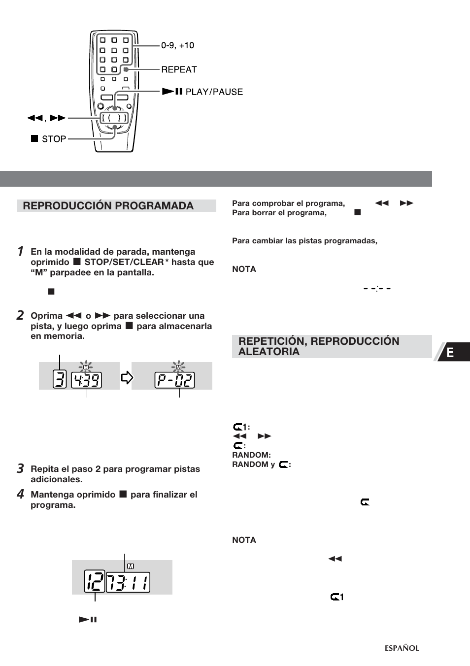 Reproducción programada, Repetición, reproducción aleatoria | Aiwa CSD-TD55 User Manual | Page 19 / 36