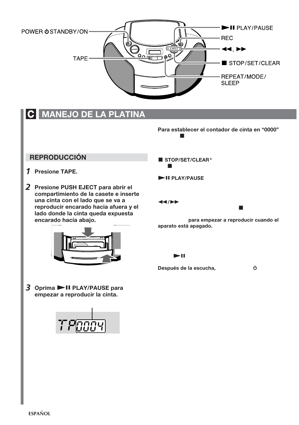 Manejo de la platina, Reproducción | Aiwa CSD-TD55 User Manual | Page 20 / 36