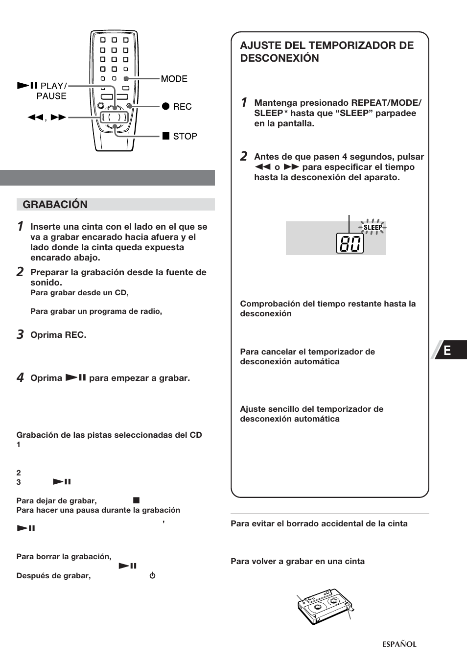 Grabación, Ajuste del temporizador de desconexión | Aiwa CSD-TD55 User Manual | Page 21 / 36