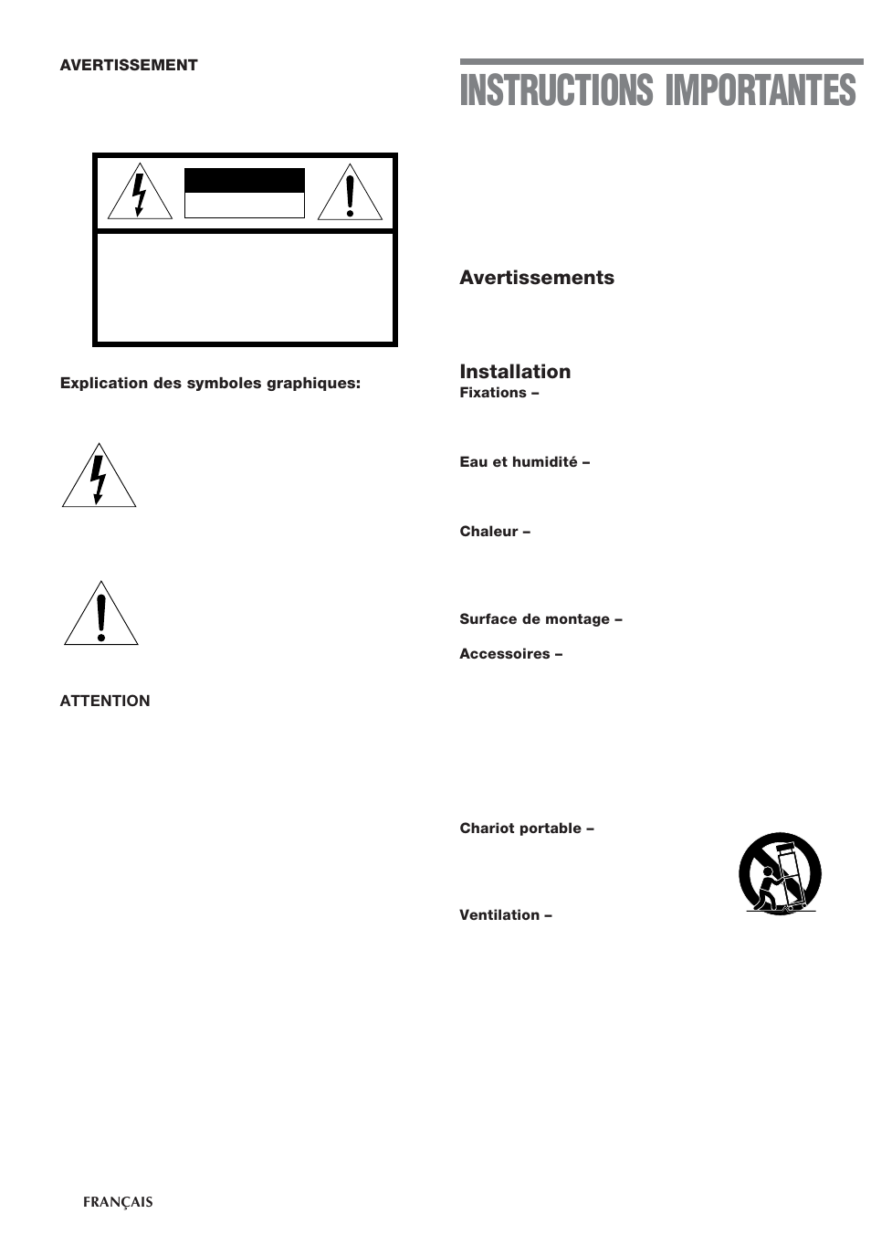 Instructions importantes, Avertissements, Installation | Aiwa CSD-TD55 User Manual | Page 22 / 36