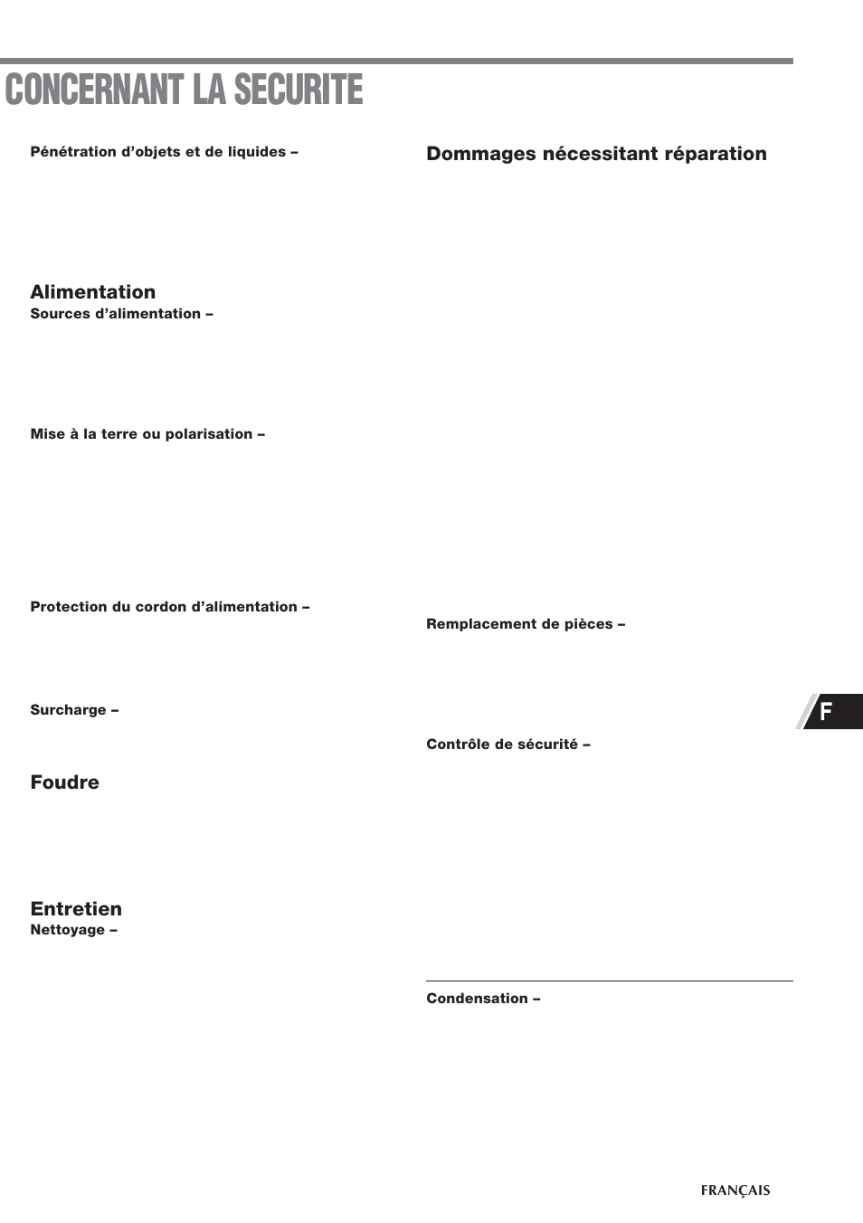 Concernant la securite, Alimentation, Foudre | Entretien, Dommages nécessitant réparation | Aiwa CSD-TD55 User Manual | Page 23 / 36