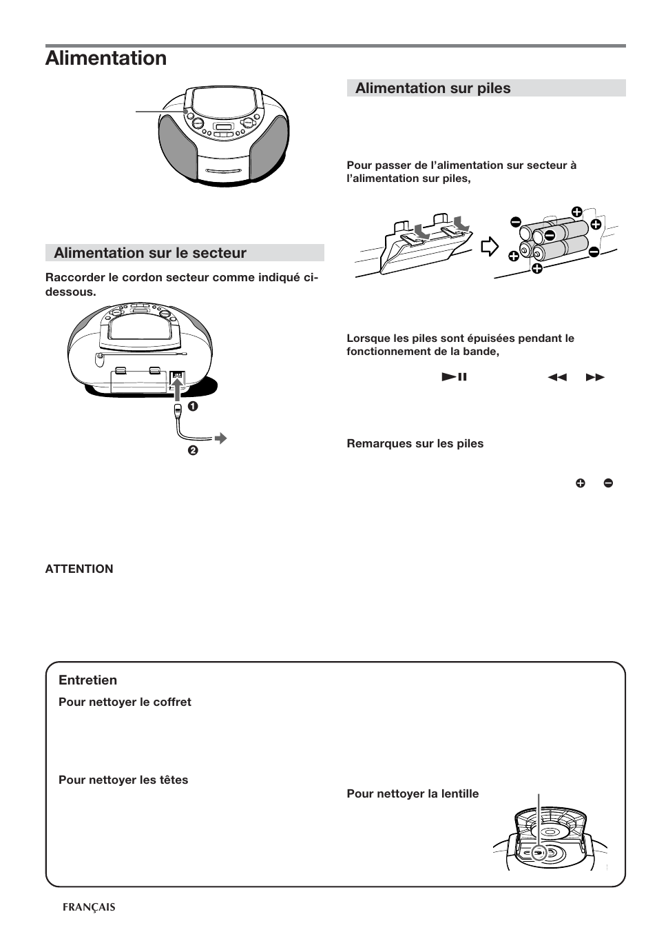 Alimentation, Alimentation sur le secteur, Alimentation sur piles | Aiwa CSD-TD55 User Manual | Page 24 / 36