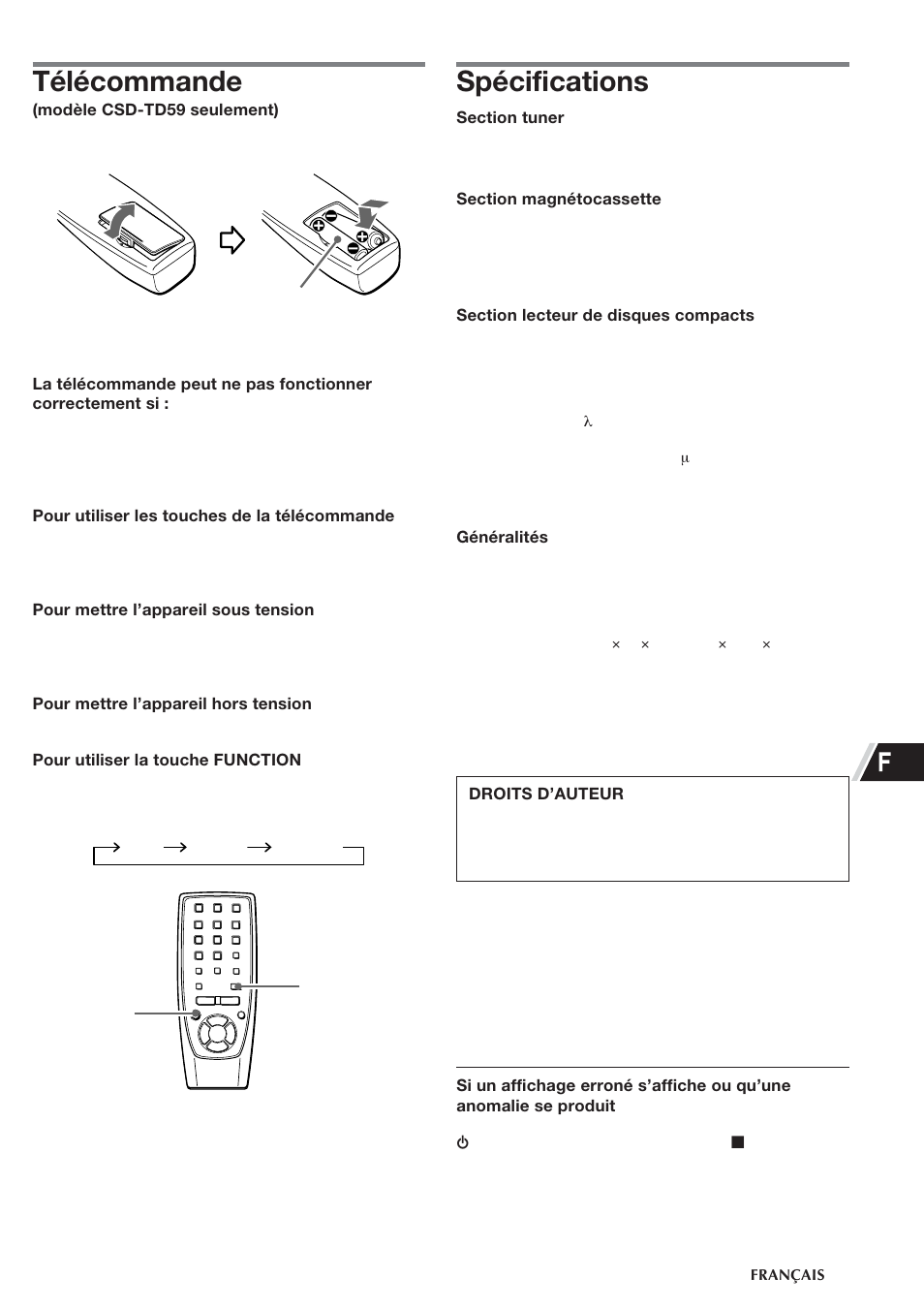 Télécommande, Spécifications | Aiwa CSD-TD55 User Manual | Page 25 / 36