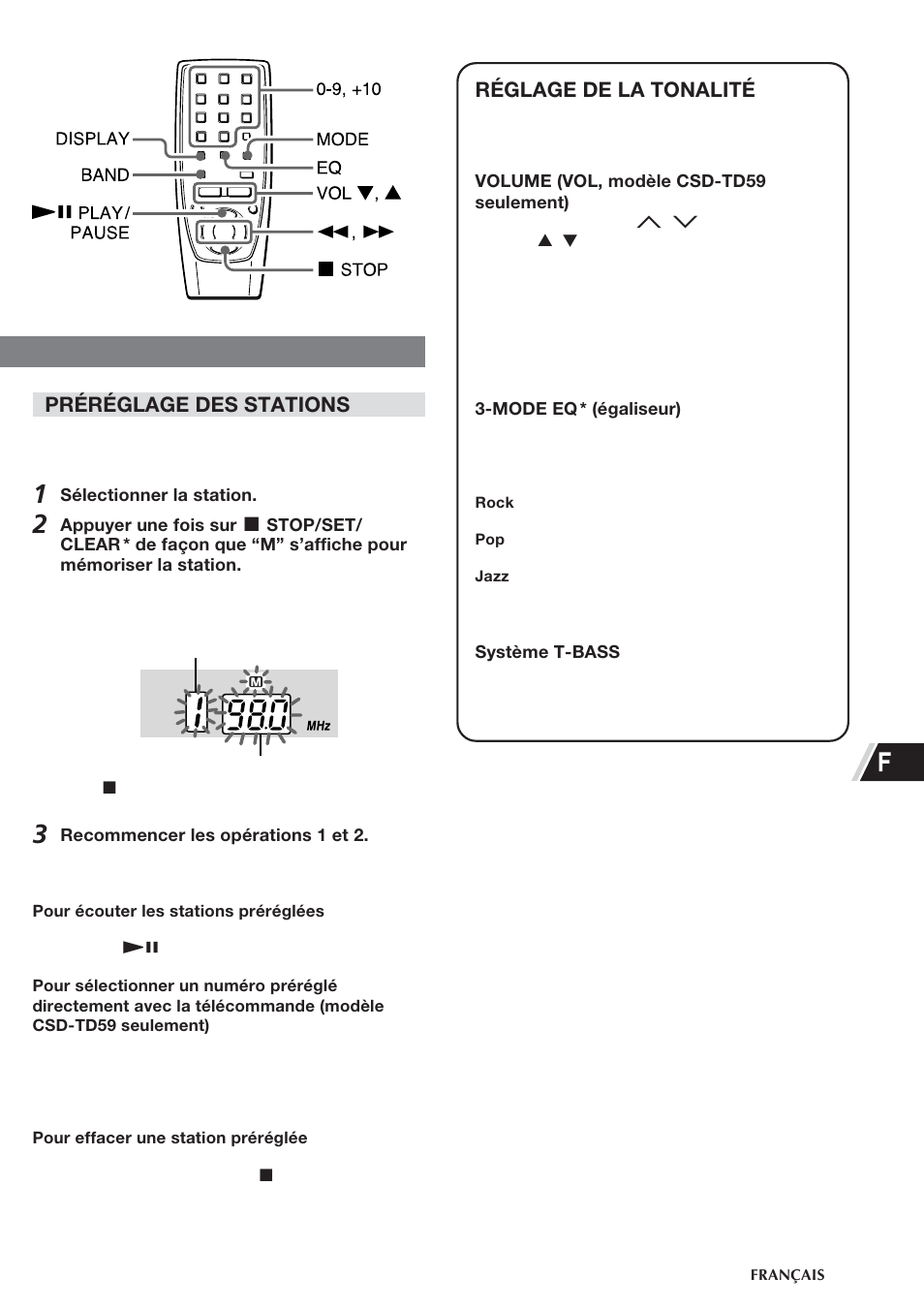 Préréglage des stations, Réglage de la tonalité | Aiwa CSD-TD55 User Manual | Page 27 / 36