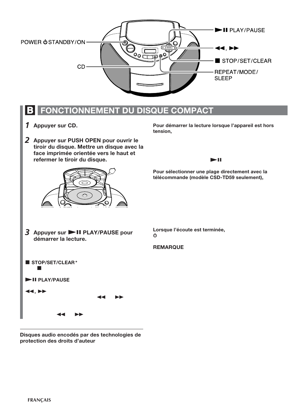 Fonctionnement du disque compact | Aiwa CSD-TD55 User Manual | Page 28 / 36