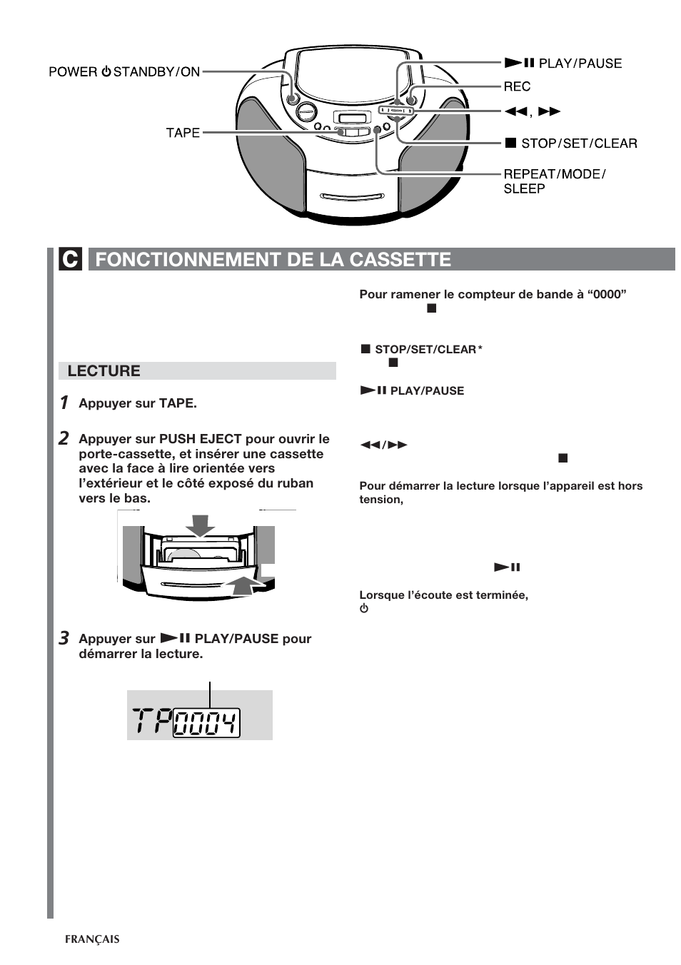 Fonctionnement de la cassette, Lecture | Aiwa CSD-TD55 User Manual | Page 30 / 36