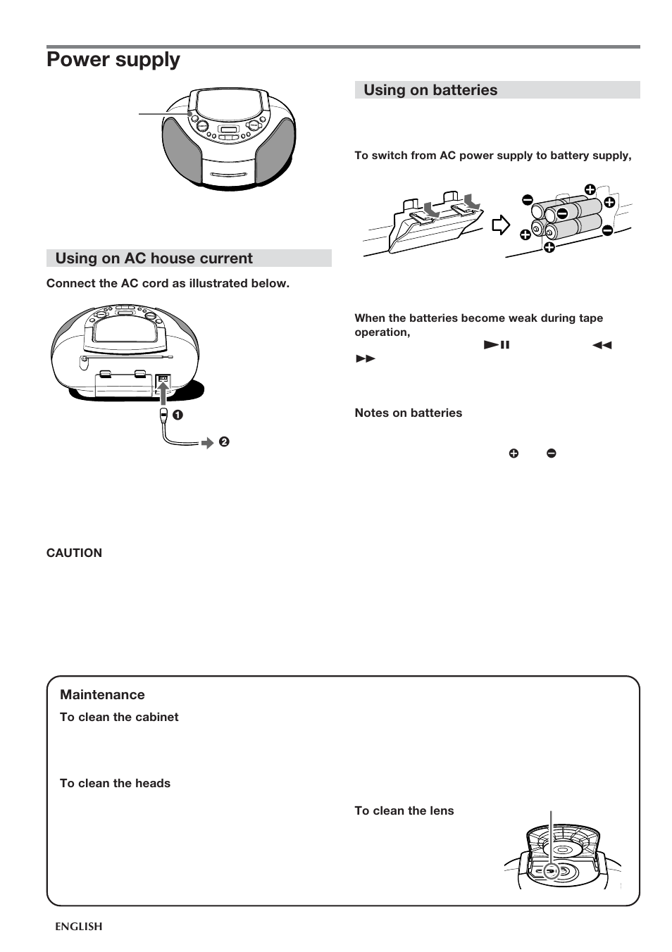 Power supply, Using on ac house current, Using on batteries | Aiwa CSD-TD55 User Manual | Page 4 / 36