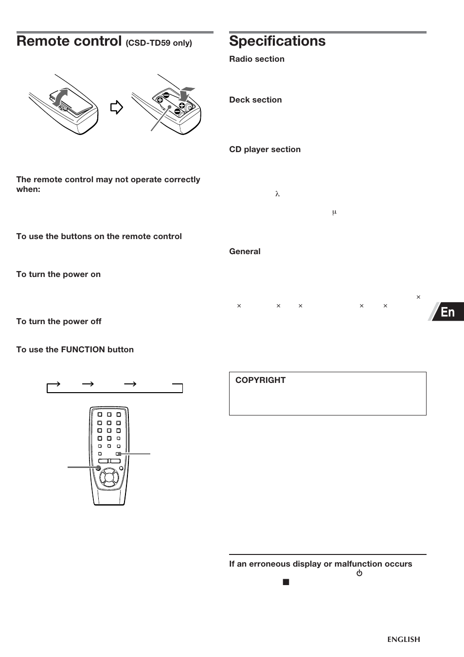 Remote control, Specifications | Aiwa CSD-TD55 User Manual | Page 5 / 36