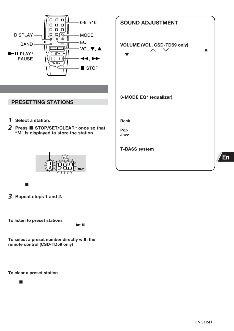 Presetting stations, Sound adjustment | Aiwa CSD-TD55 User Manual | Page 7 / 36