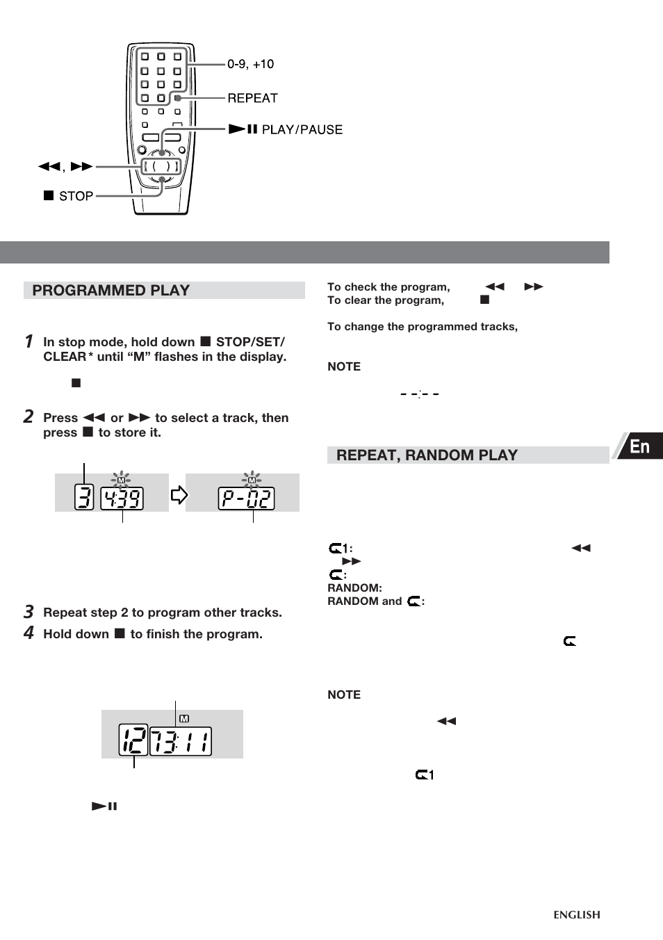 Programmed play, Repeat, random play | Aiwa CSD-TD55 User Manual | Page 9 / 36