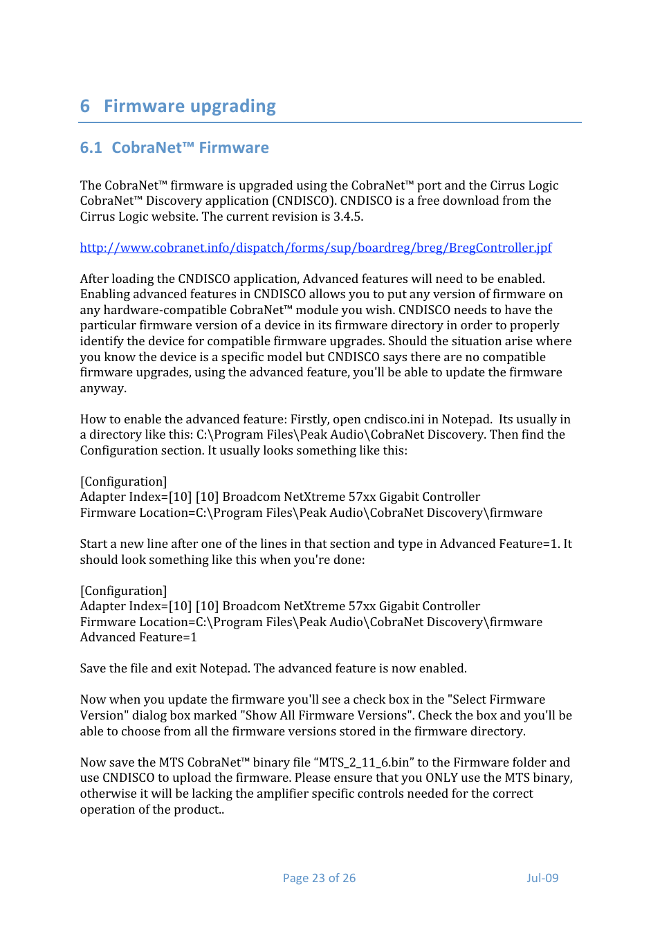 6 firmware upgrading, 1 cobranet™ firmware | Media Technology Systems ION8.8 User Manual | Page 23 / 26