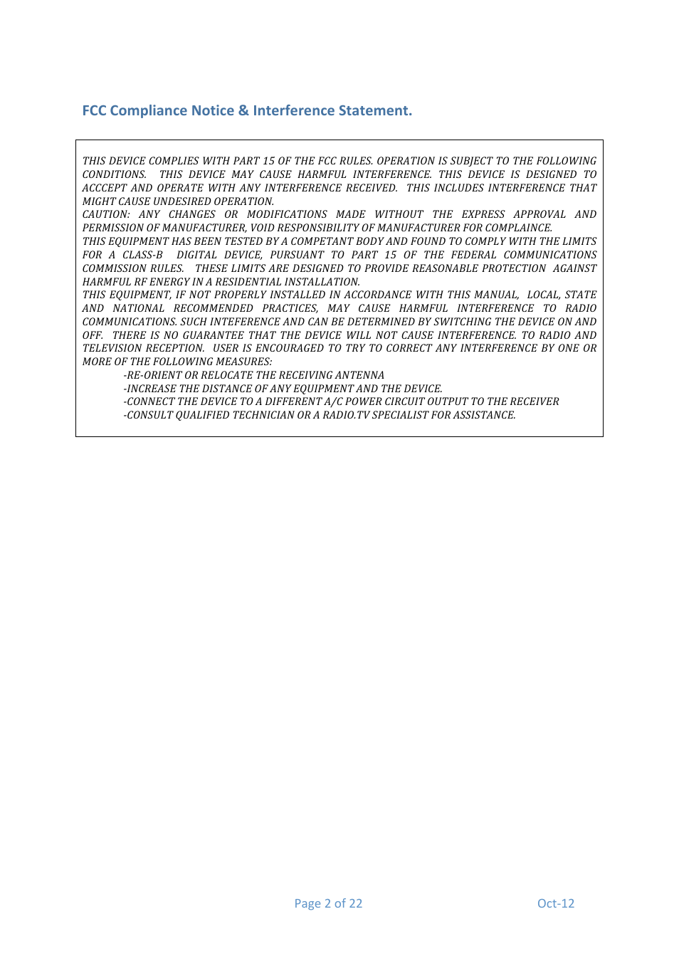 Fcc compliance notice & interference statement | Media Technology Systems STAGE 8.8 User Manual | Page 2 / 22