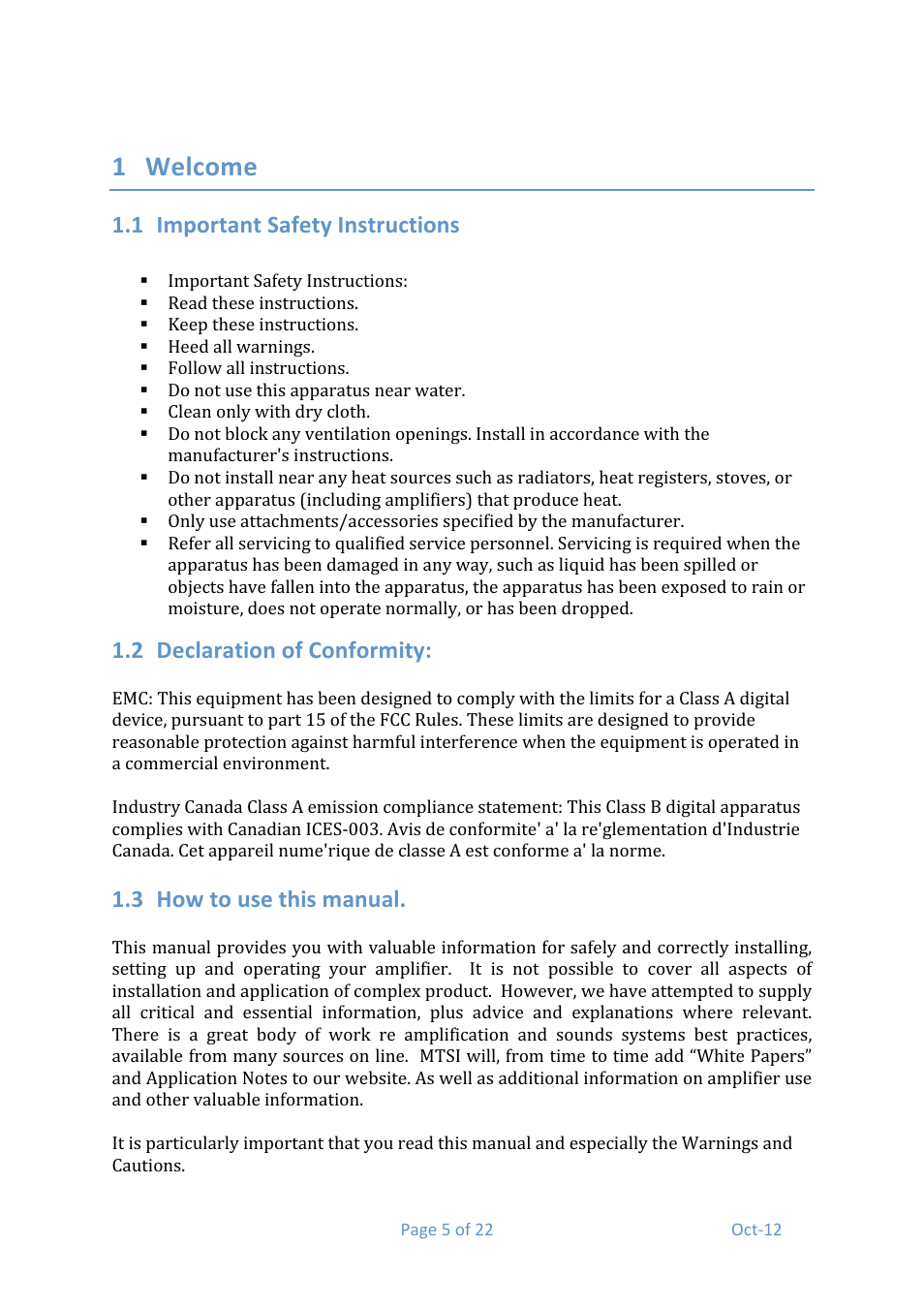 1 welcome, 1 important safety instructions, 2 declaration of conformity | 3 how to use this manual | Media Technology Systems STAGE 8.8 User Manual | Page 5 / 22