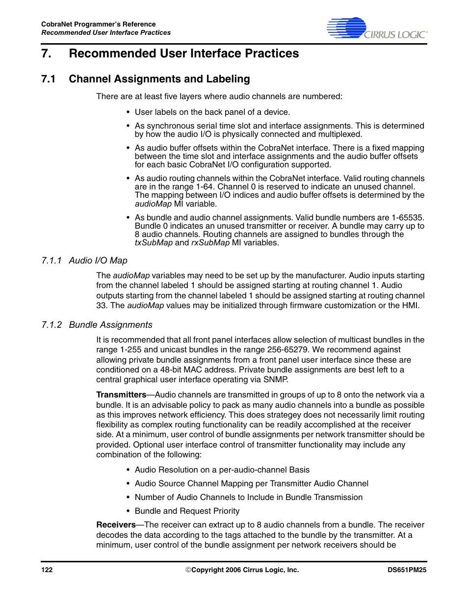 Recommended user interface practices, 1 channel assignments and labeling, 1 audio i/o map | 2 bundle assignments, 1 audio i/o map 7.1.2 bundle assignments | Cirrus Logic CobraNet User Manual | Page 122 / 147