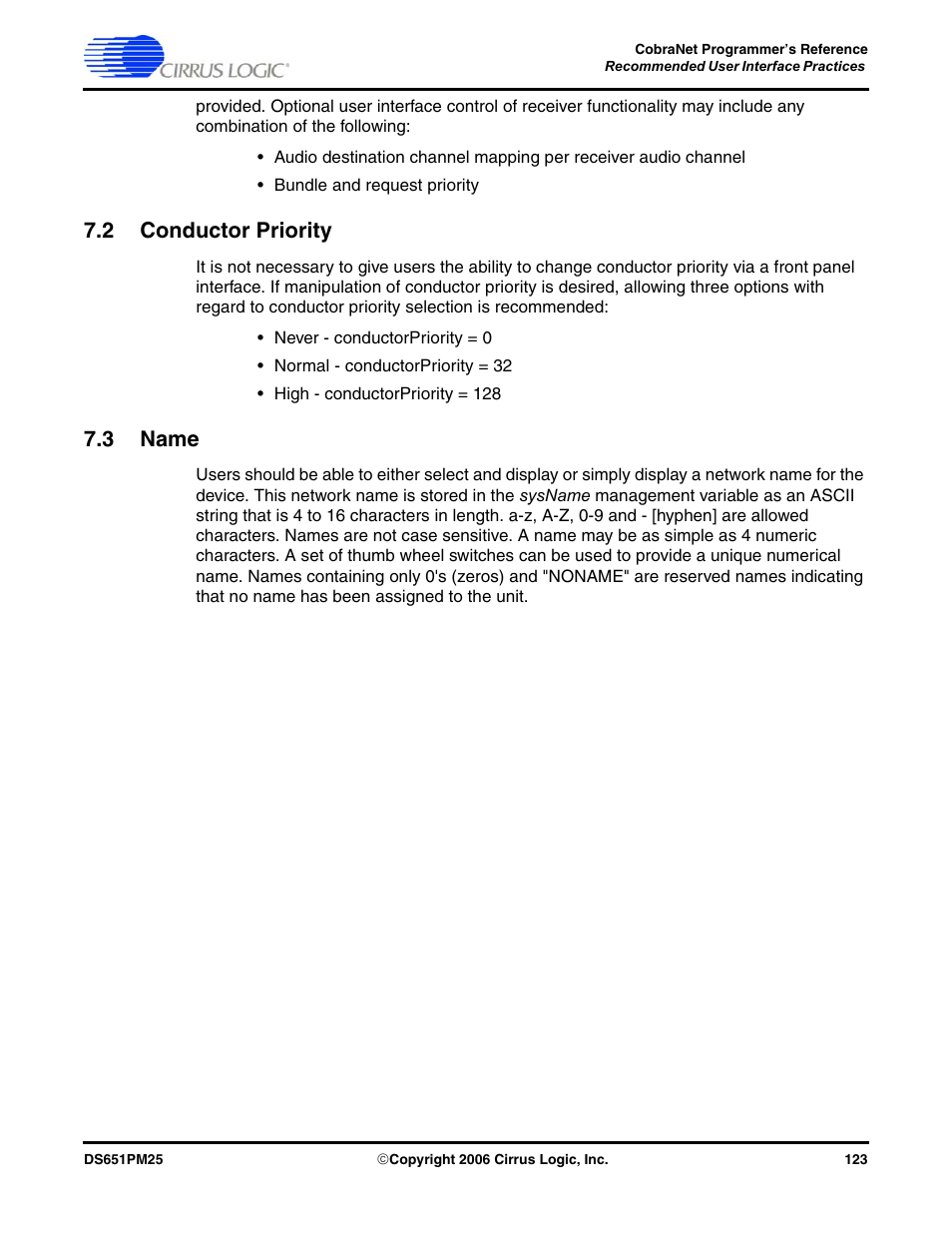 2 conductor priority, 3 name, 2 conductor priority 7.3 name | Cirrus Logic CobraNet User Manual | Page 123 / 147