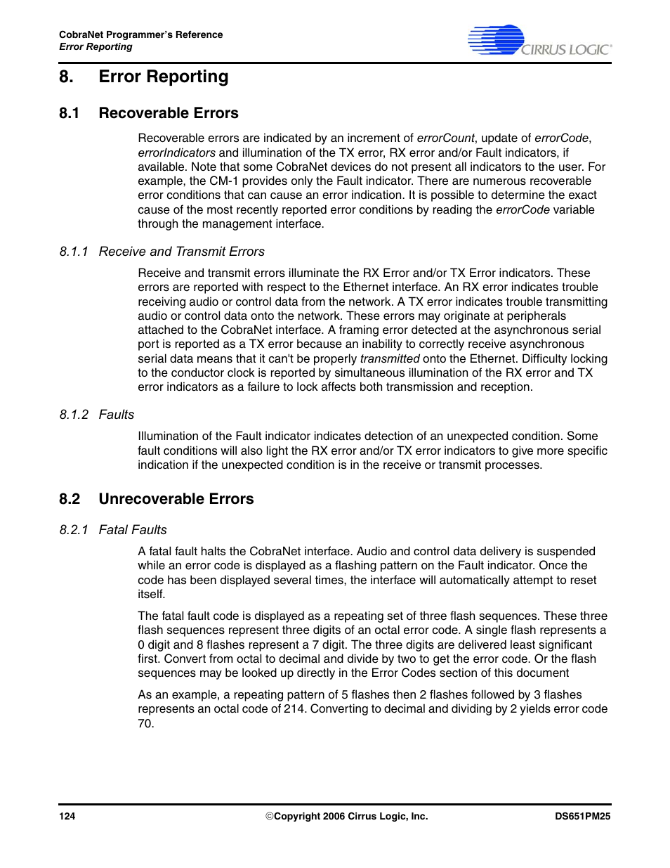 Error reporting, 1 recoverable errors, 1 receive and transmit errors | 2 faults, 2 unrecoverable errors, 1 fatal faults, 1 receive and transmit errors 8.1.2 faults | Cirrus Logic CobraNet User Manual | Page 124 / 147
