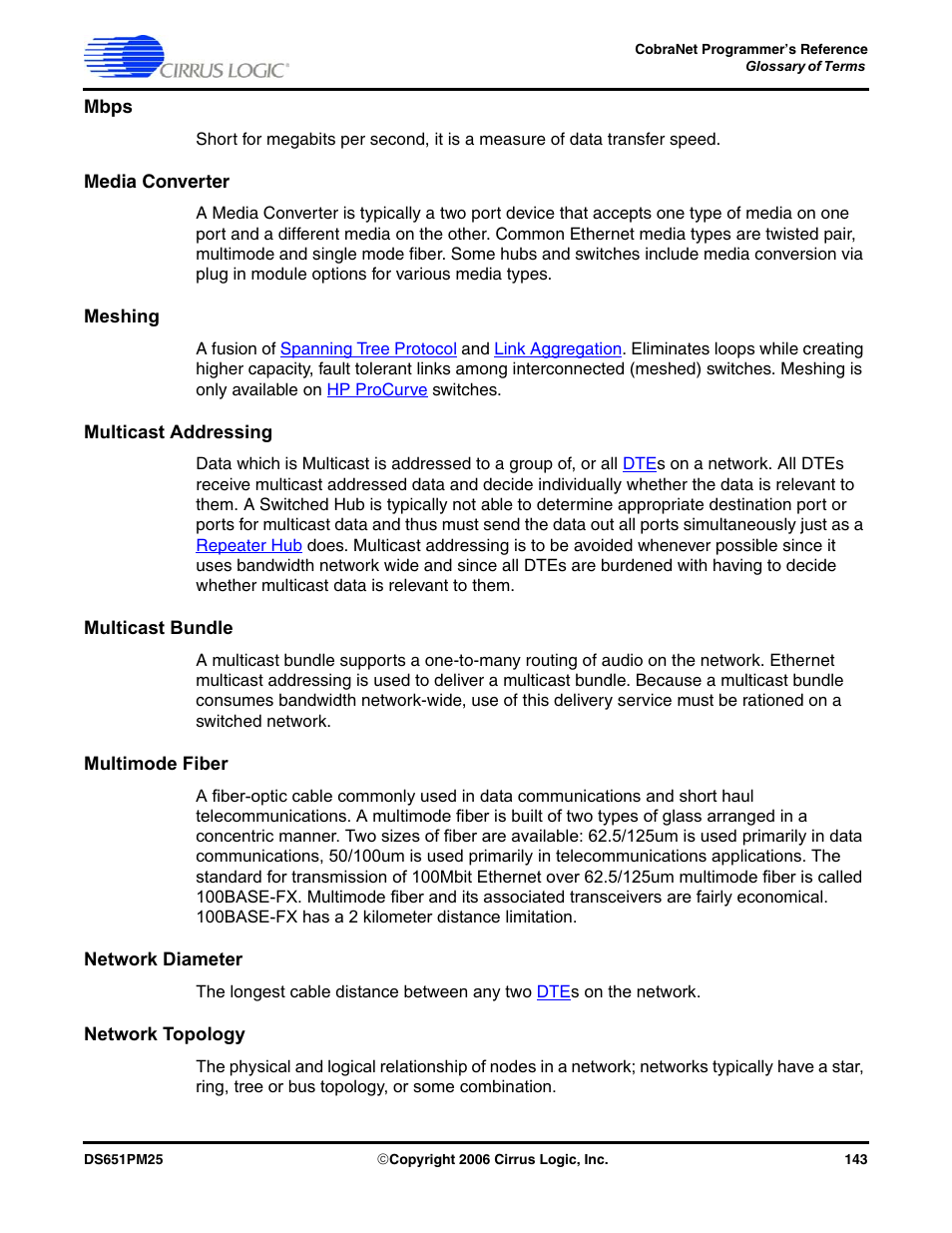 Mbps, Media converter, Meshing | Multicast addressing, Multicast bundle, Multimode fiber, Network diameter, Network topology | Cirrus Logic CobraNet User Manual | Page 143 / 147