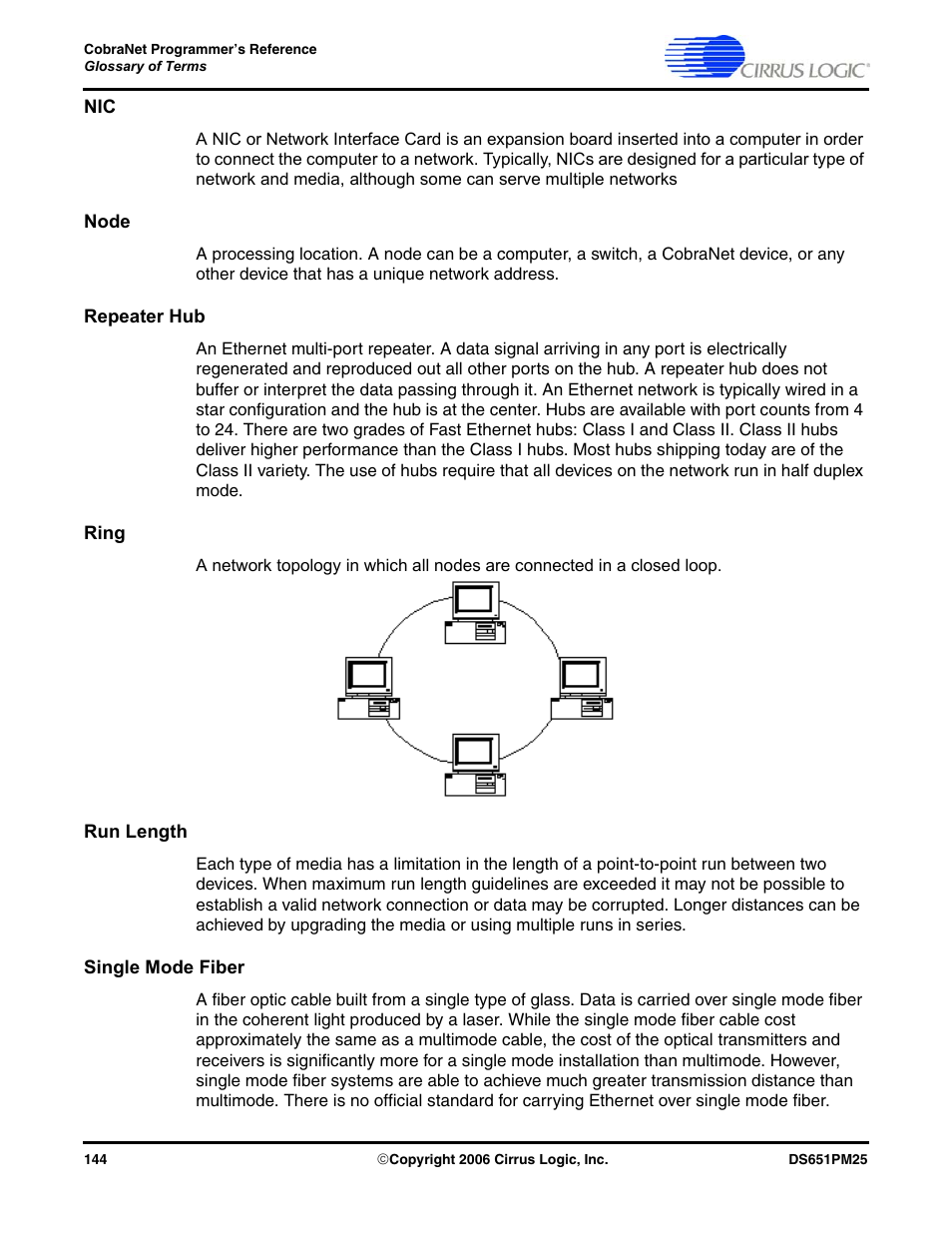 Node, Repeater hub, Ring | Run length, Single mode fiber, Repeater, Or a | Cirrus Logic CobraNet User Manual | Page 144 / 147