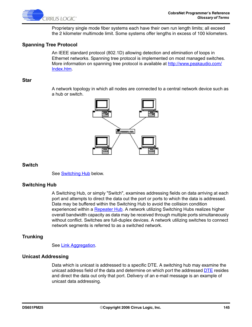 Spanning tree protocol, Star, Switch | Switching hub, Trunking, Unicast addressing | Cirrus Logic CobraNet User Manual | Page 145 / 147