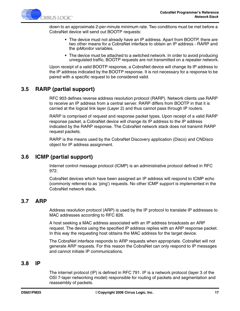 5 rarp (partial support), 6 icmp (partial support), 7 arp | 8 ip | Cirrus Logic CobraNet User Manual | Page 17 / 147