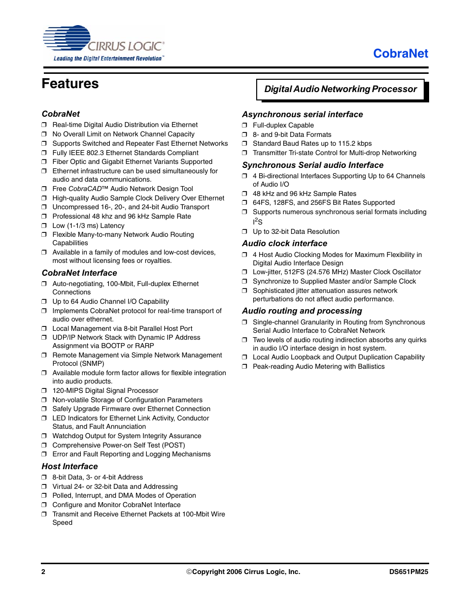 Features, Cobranet | Cirrus Logic CobraNet User Manual | Page 2 / 147