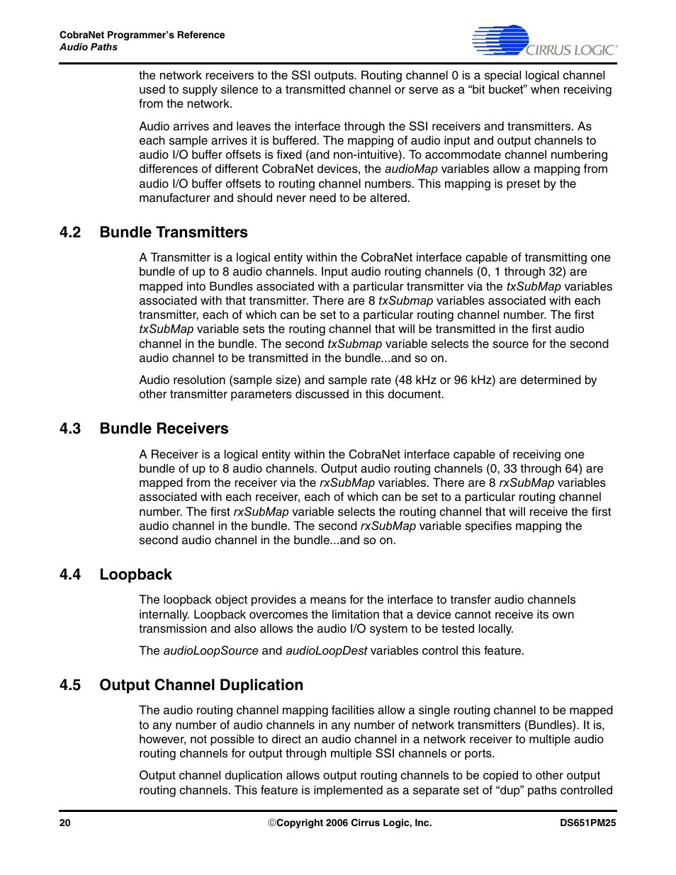 2 bundle transmitters, 3 bundle receivers, 4 loopback | 5 output channel duplication | Cirrus Logic CobraNet User Manual | Page 20 / 147