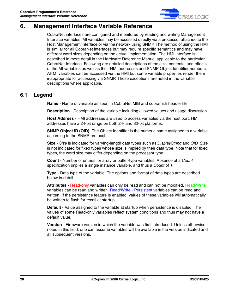 Management interface variable reference, 1 legend | Cirrus Logic CobraNet User Manual | Page 28 / 147