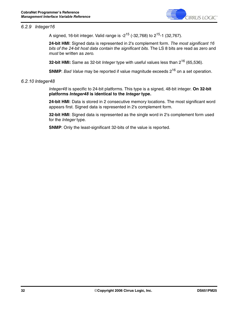 9 integer16, 10 integer48, 9 integer16 6.2.10 integer48 | Cirrus Logic CobraNet User Manual | Page 32 / 147