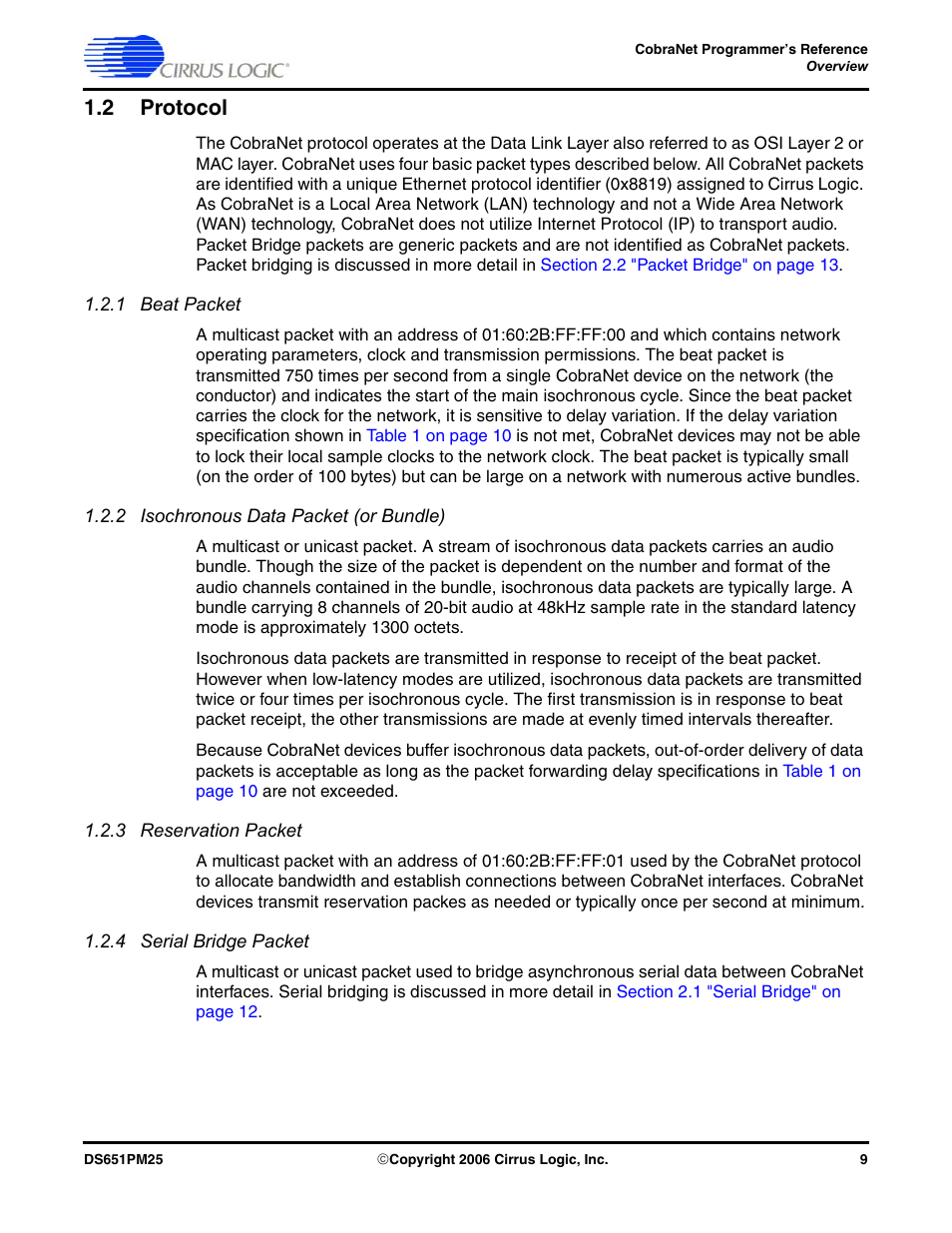 2 protocol, 1 beat packet, 2 isochronous data packet (or bundle) | 3 reservation packet, 4 serial bridge packet | Cirrus Logic CobraNet User Manual | Page 9 / 147