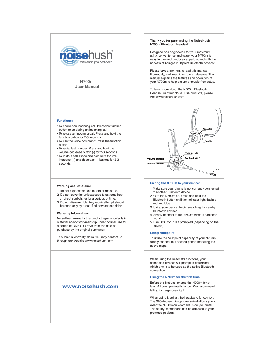 NoiseHush N700m Multi-Point  User Manual | 1 page